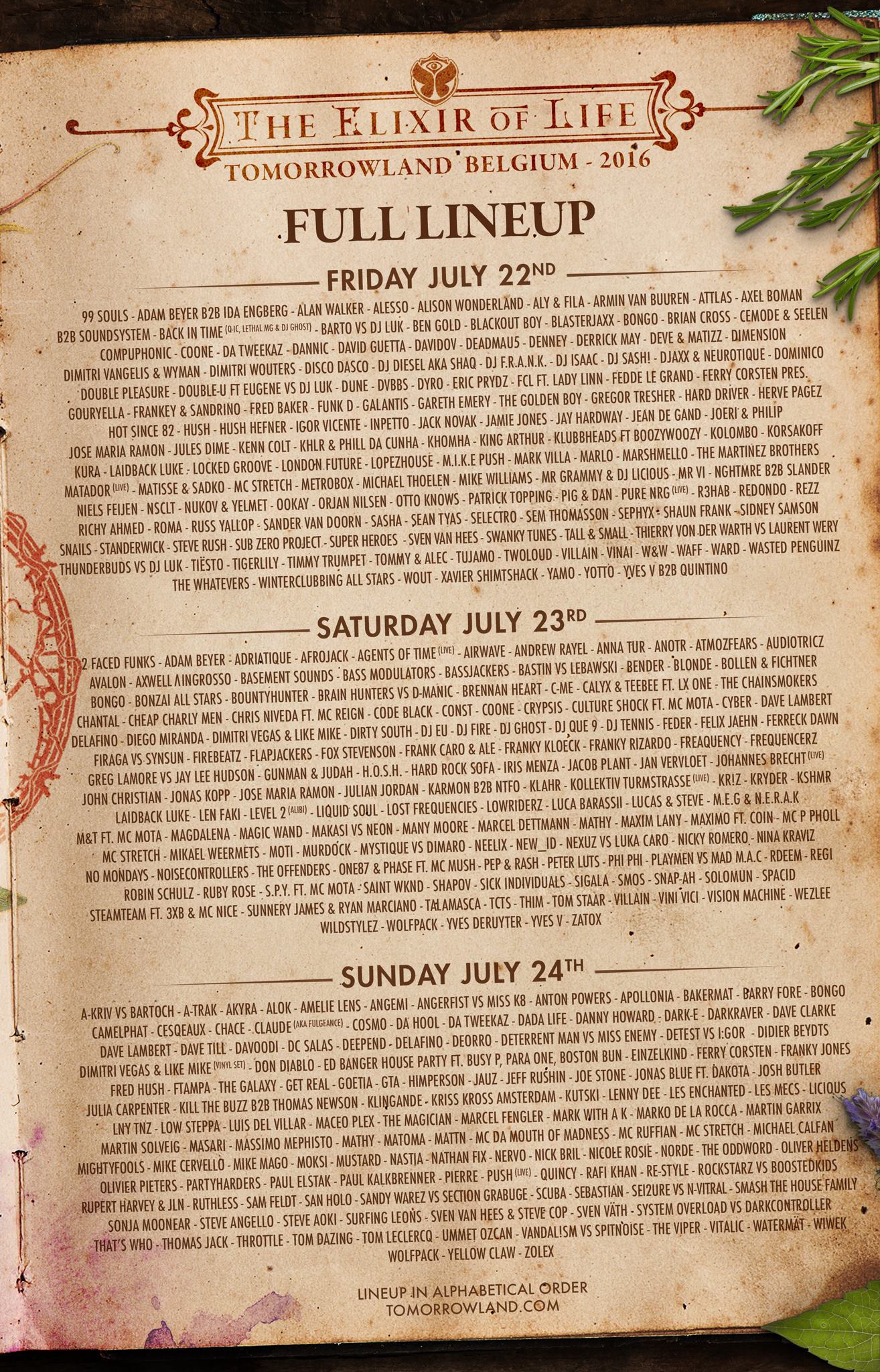Tomorrowland 2016 full lineup